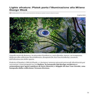 InfoBuild - Lights of nature: Platek porta l’illuminazione alla Milano Design Week