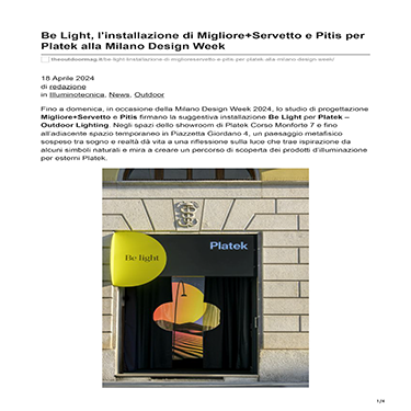 Outdoor - Be Light, l’installazione di Migliore+Servetto e Pitis per Platek alla Milano Design Week