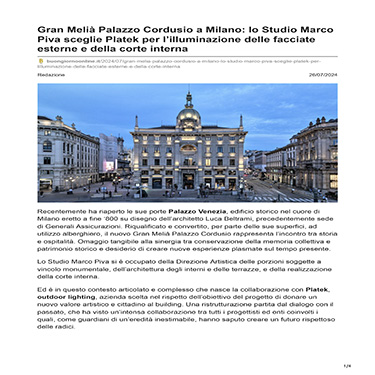 Buongiorno Lifestyle Magazine -  Gran Melià Palazzo Cordusio a Milano: lo Studio Marco Piva sceglie Platek per l’illuminazione delle facciate esterne e della corte interna